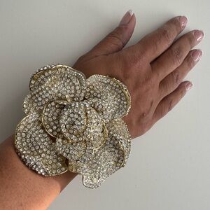Stunning Rose Floral Cuff - Goldtone with Crystals